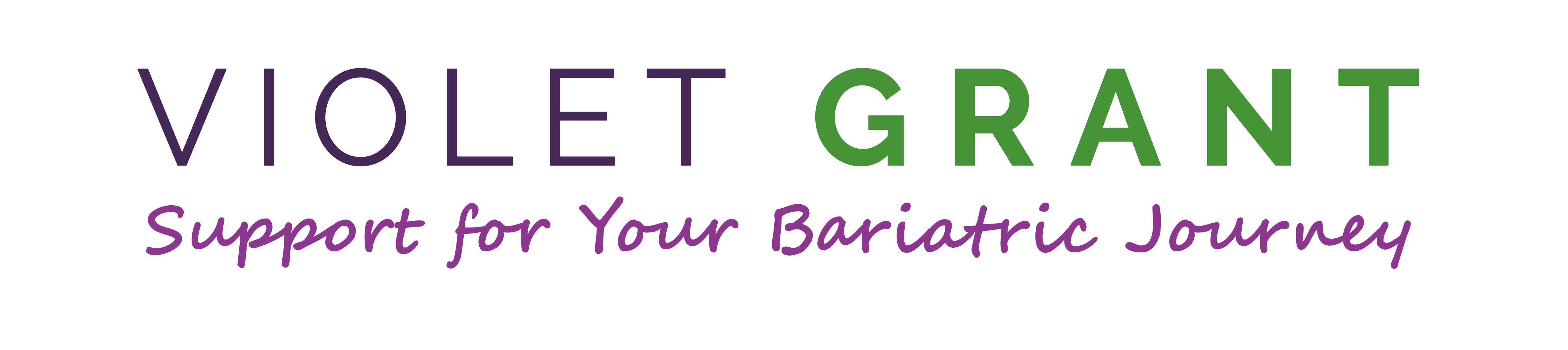 Business name in purple (VIOLET) and green (GRANT) and "Support for your bariatric journey" in bright purple